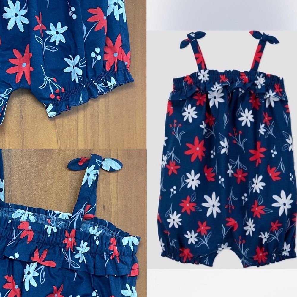 Carters Just One You Navy Blue Floral Tie‎ Shoulder Bubble Romper 18M NEW